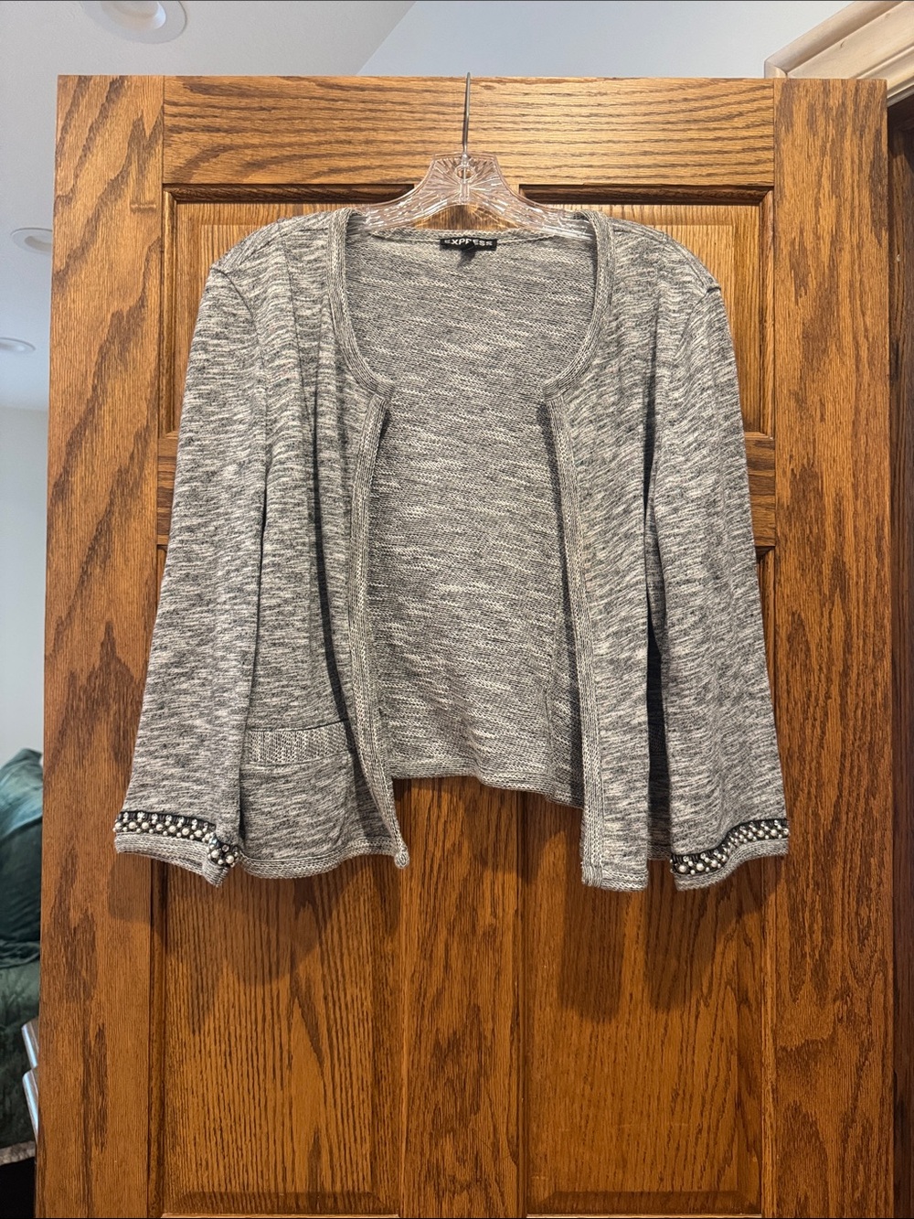 Express Gray Open-Front Cardigan with Beaded Cuff Trim